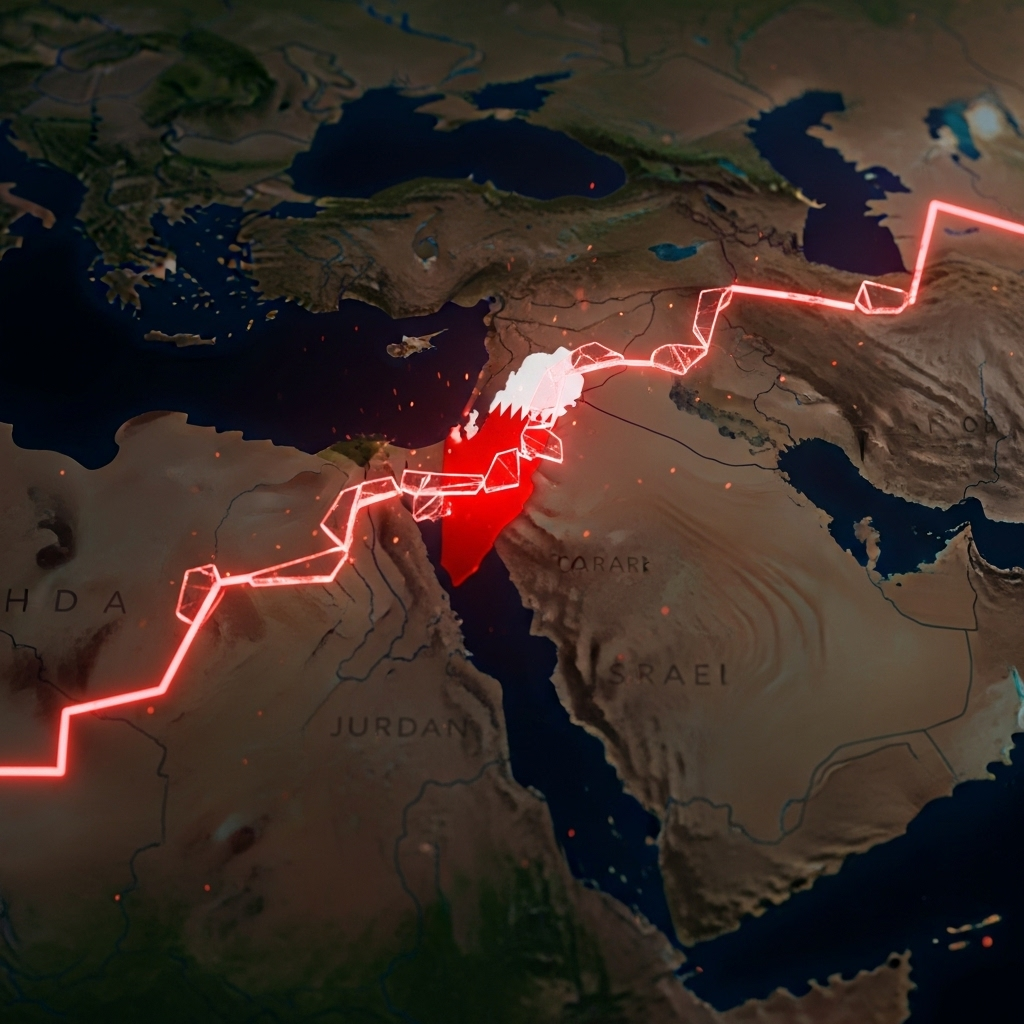Red Lines: 4 Geopolitical Shifts After Israel's Doha Strike 2 A map of the Middle East highlighting Qatar and Israel, symbolizing the broken diplomatic red lines.