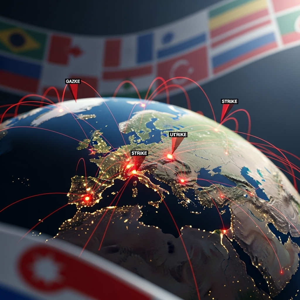 Reported Strike: 2 Major Incidents Unfold in Gaza/Ukraine 4 A map showing the locations of the reported strike in Gaza and Ukraine with international flags in the background.