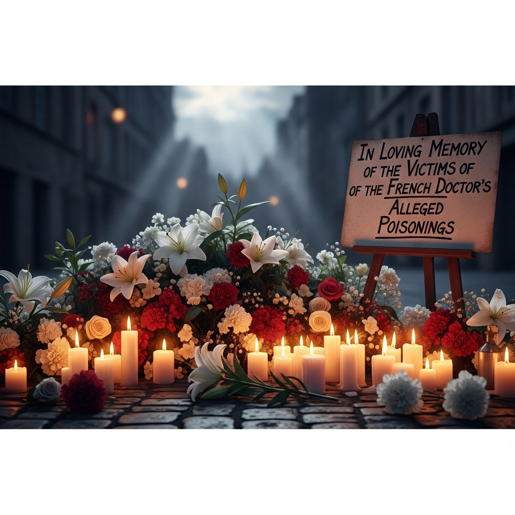 French Doctor on Trial for Poisoning 30 Patients, 12 Fatally 4 A memorial of flowers and candles for the victims of the alleged poisonings by the french doctor.