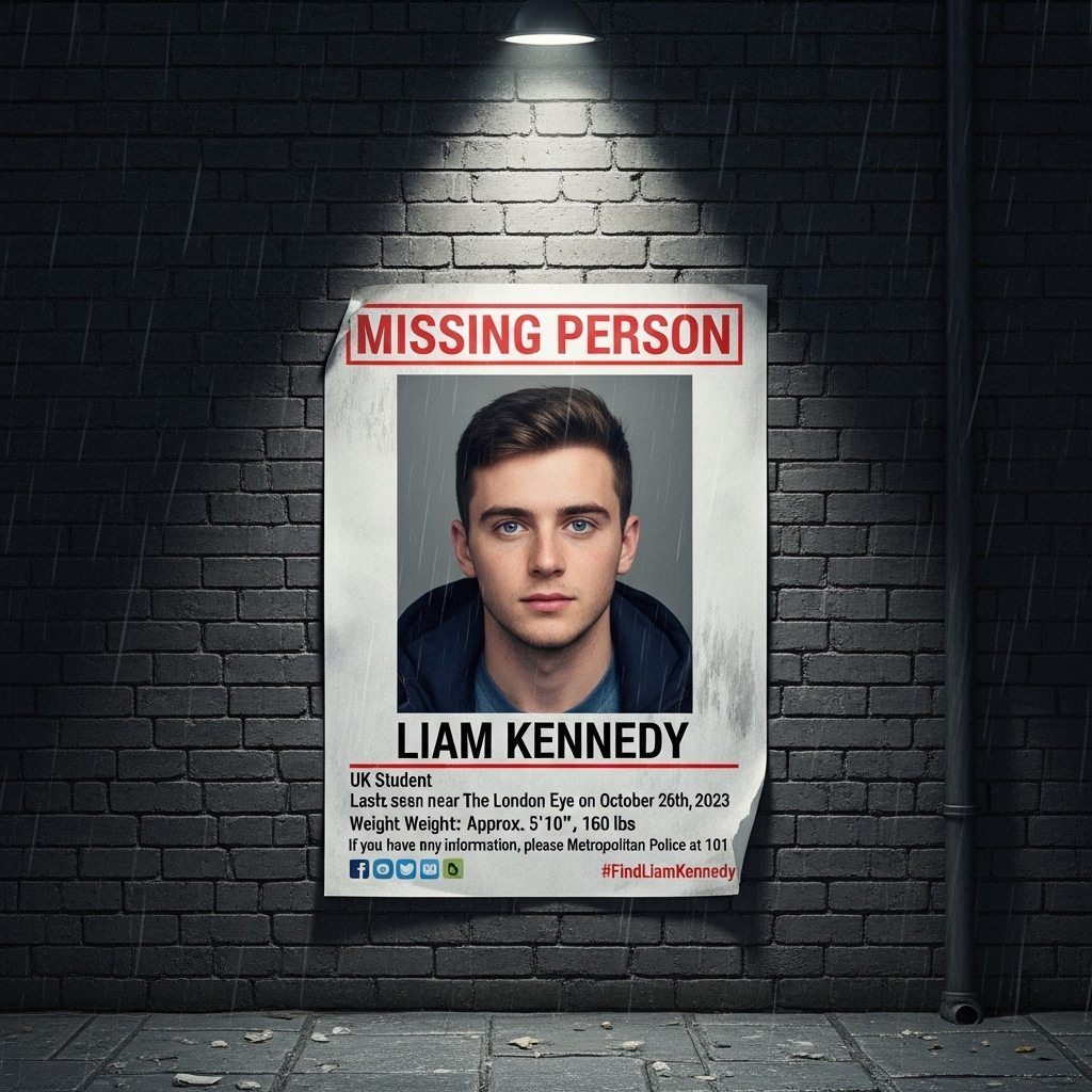 UK Student Missing: £100k Reward Offered for Information 4 A missing person poster featuring a photo of Liam Kennedy, the uk student, and contact information.