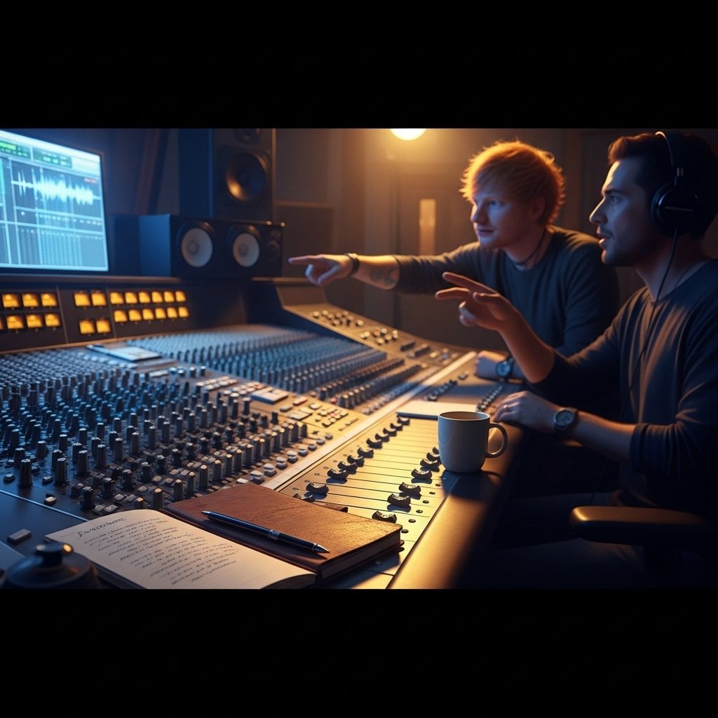 his crown: 5 Ways Ed Sheeran Can Reclaim Pop Royalty 3 A mixing board in a recording studio, highlighting the collaborative process Ed Sheeran could use to win back his crown.