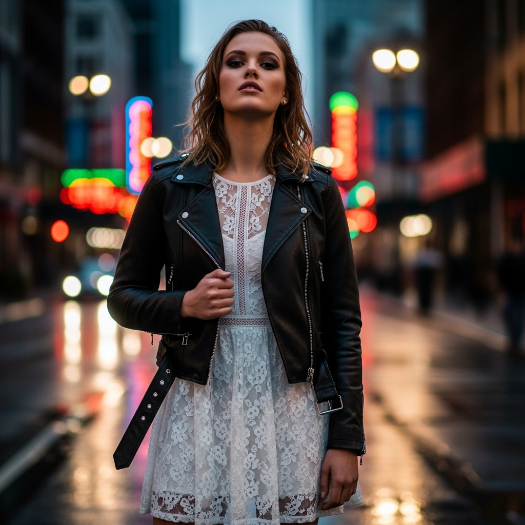 dressed-up downtown cool: 7 looks for your next night out 2 A model demonstrates the dressed-up downtown cool aesthetic with a black leather jacket over a white lace dress.