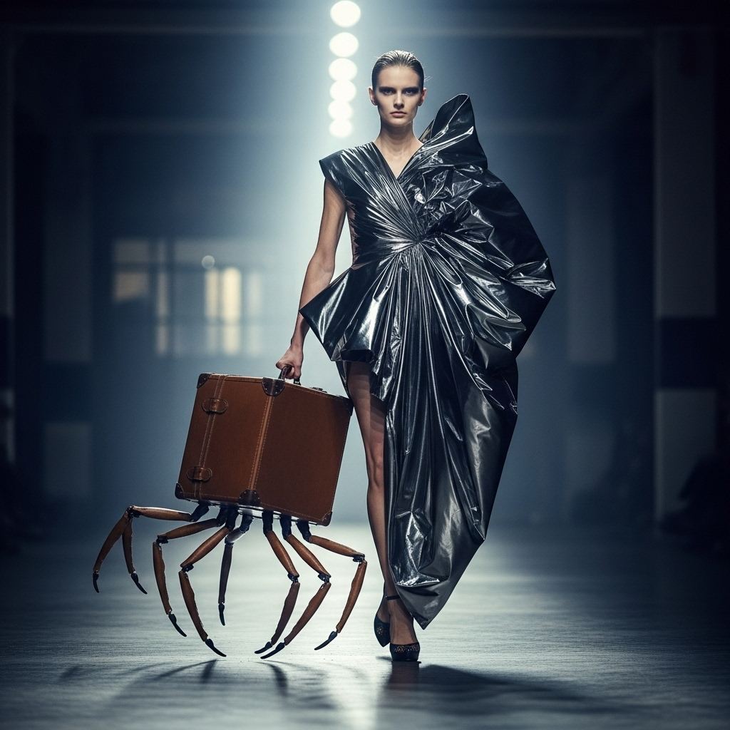 Slightly Demented Designs: 7 Wild Looks from NYFW 3 A model holding a suitcase that has small animatronic legs, a prime example of the slightly demented designs showcased this year.