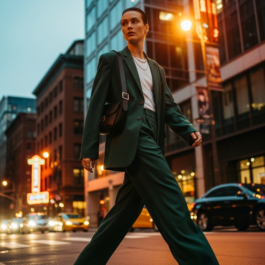 dressed-up downtown cool: 10 Styles for City Nights 2 A model showcases a dressed-up downtown cool look with a dark green relaxed-fit suit and minimal accessories.