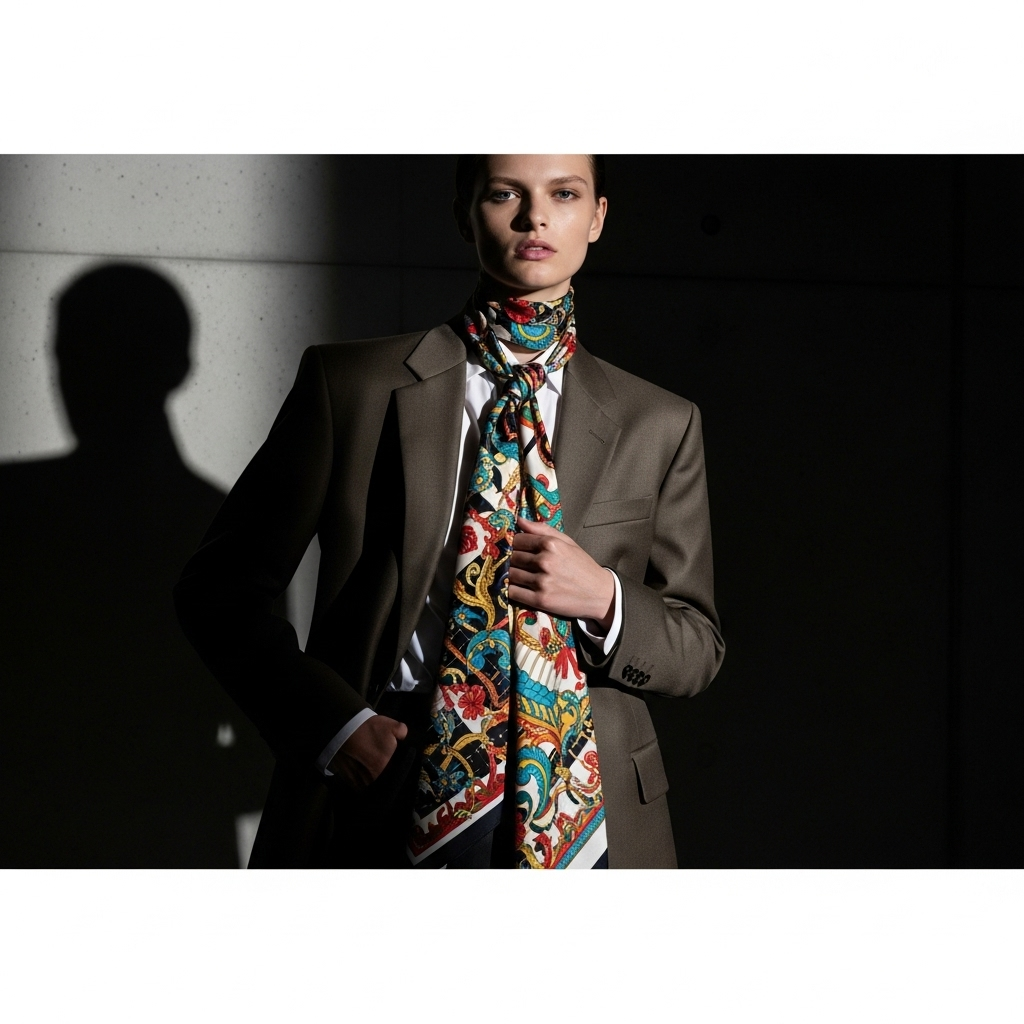 Celine Spring 2026: Scarves, Keepsakes & Top 5 Trends 2 A model showcases a key look from the Celine spring collection, featuring a blazer and silk scarf.