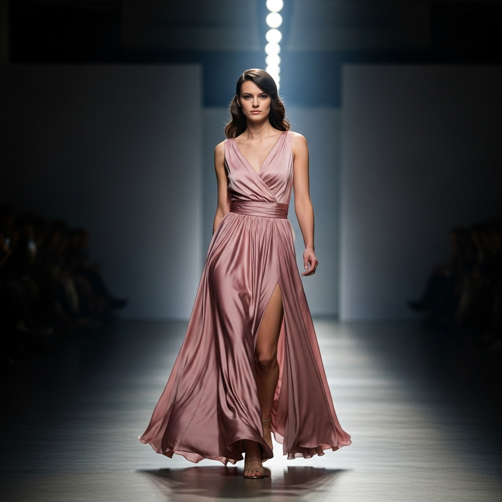 Meruert Tolegen Spring 2026: Top 5 Runway Highlights 2 A model walks the runway in a dusty rose silk dress from the Meruert Tolegen Spring 2026 collection.