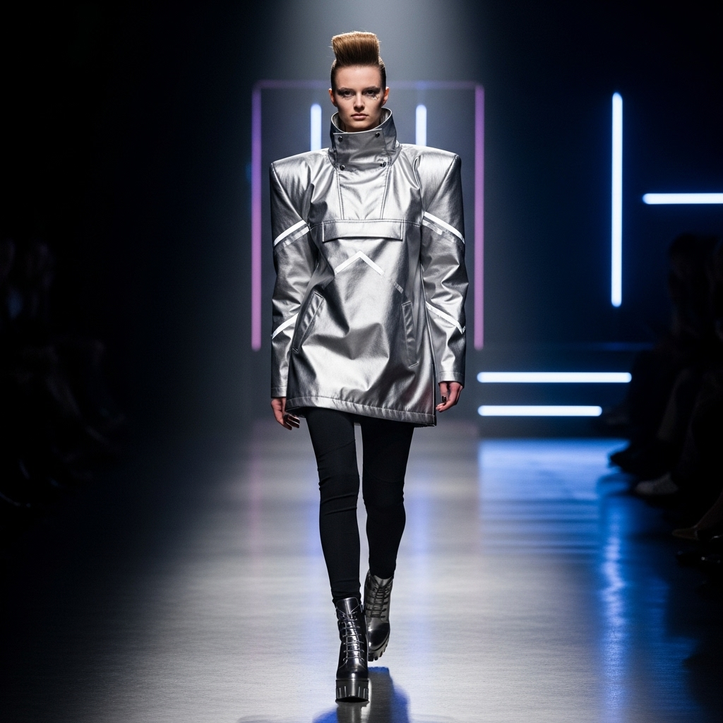 Sportif Sci-fi: 7 Looks from Kate Barton Spring 2026 2 A model walks the runway in a silver anorak and black leggings, a key look from the Kate Barton sportif sci-fi collection.