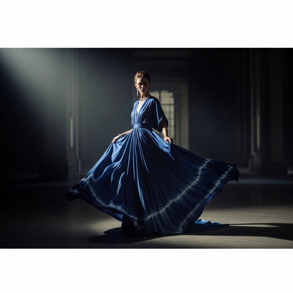 Top WWD Design Honors: 10 Winners Shaping Fashion's Future 2 A model wearing a flowing, sustainably-dyed gown by Elara Vance, a winner of the top wwd design honors.