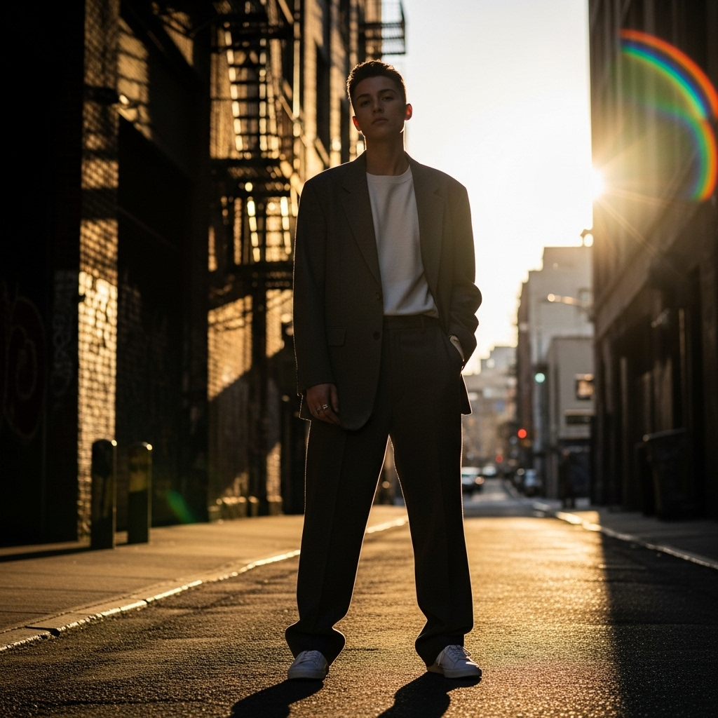 dressed-up downtown cool: 7 Ways to Own the Urban Vibe 4 A model wearing a relaxed, unstructured suit with a simple t-shirt, the perfect example of dressed-up downtown cool.
