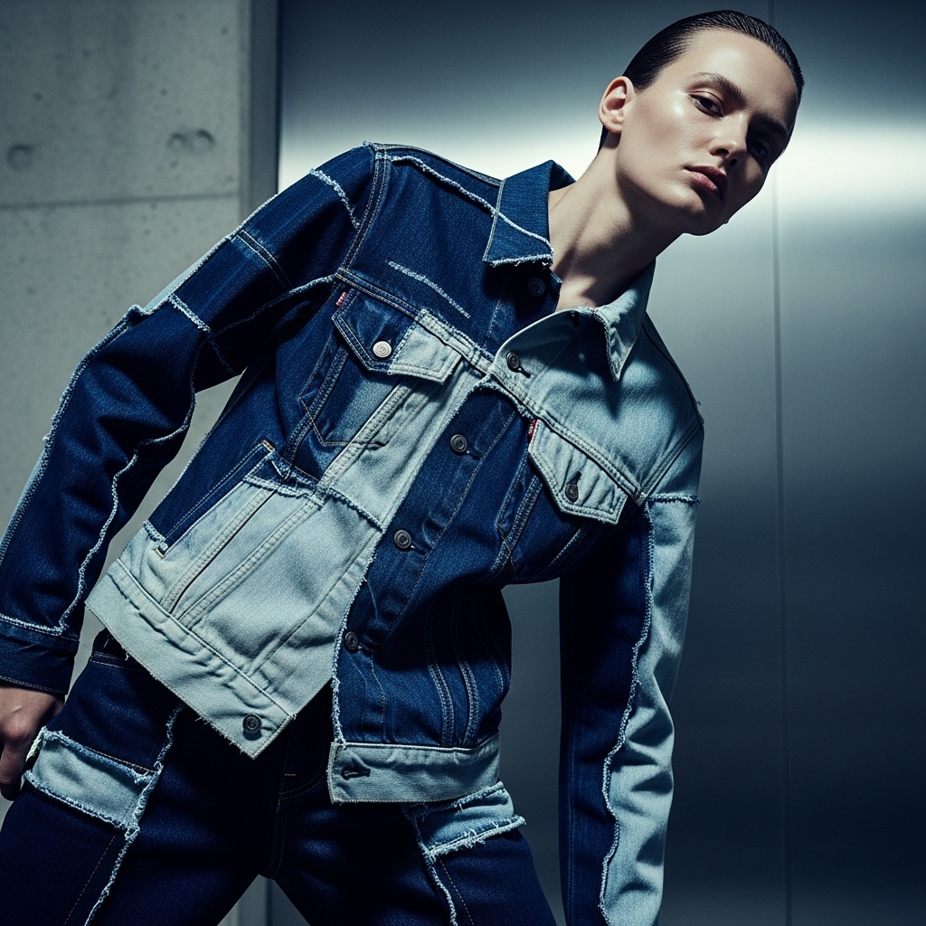 new levi’s collection: 8 Kiko Kostadinov Heritage Pieces 2 A model wearing the deconstructed trucker from the new levi’s collection by Kiko Kostadinov.