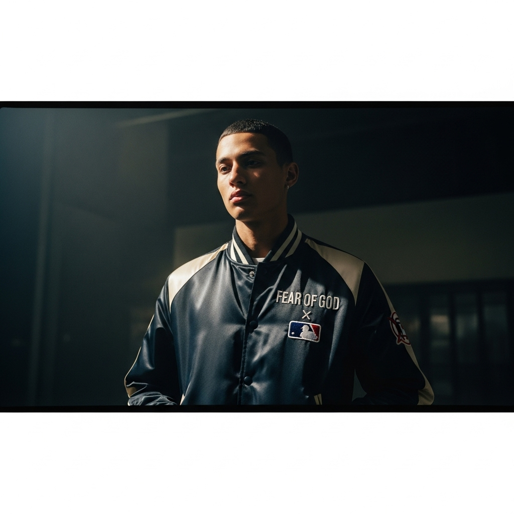 Jerry Lorenzo's 2024 Fear of God x MLB Collection is Here 3 A model wearing the new Fear of God x MLB satin jacket designed by Jerry Lorenzo.