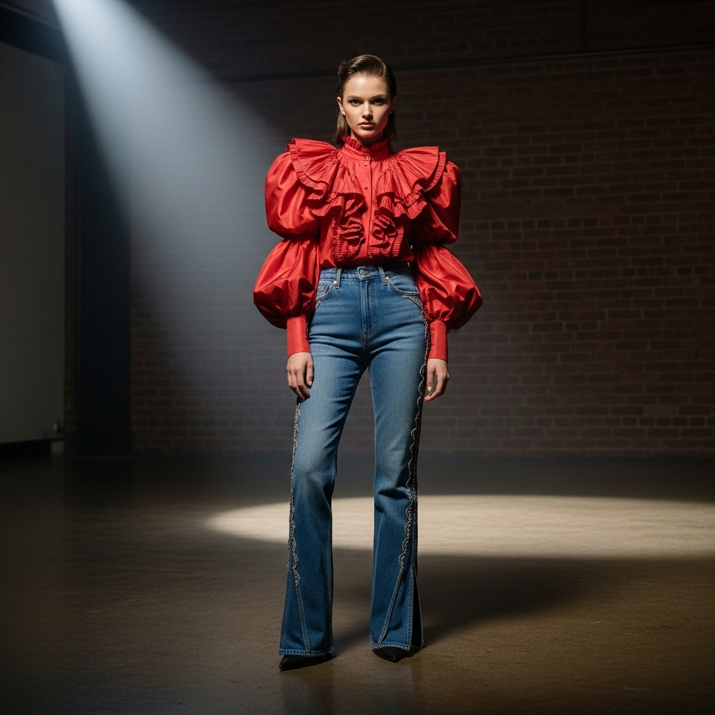 Comey Spring 2026: 15 Top Ready-to-Wear Looks to See 4 A model wearing the updated Legion Jean from the Comey Spring 2026 collection with a voluminous blouse.