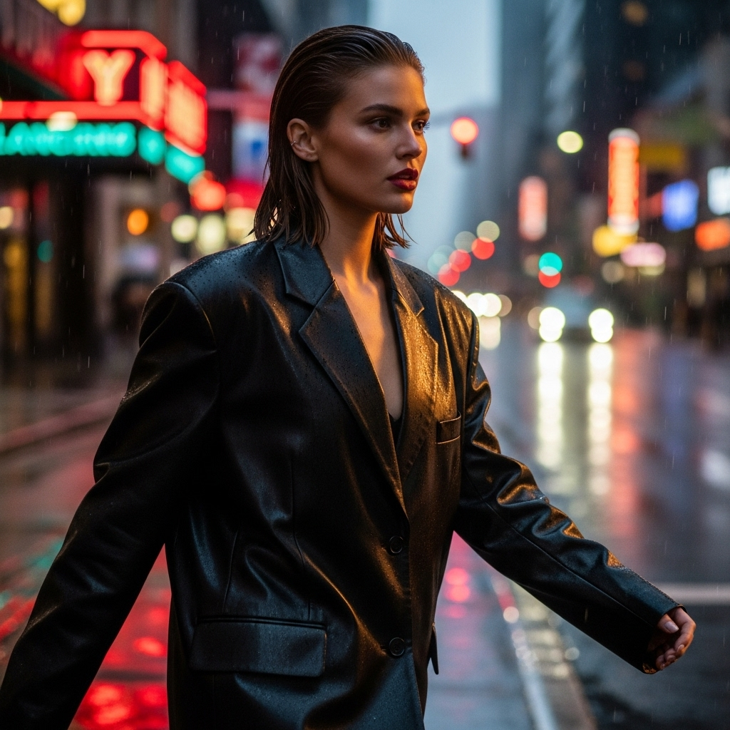 dressed-up downtown cool: 7 Essential Pieces for 2024 2 A model wears a black leather blazer, showcasing the dressed-up downtown cool aesthetic in an urban setting.