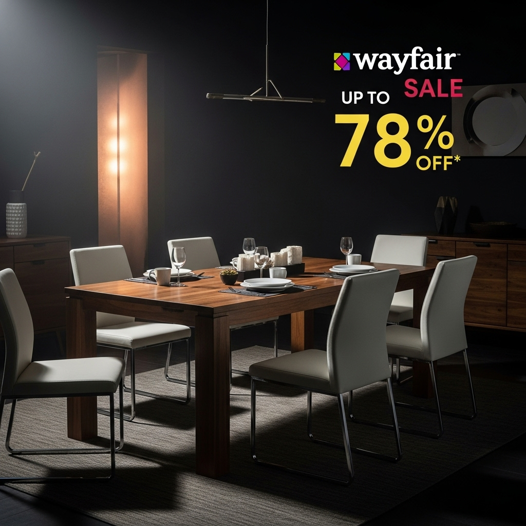up to 78% Off: Wayfair's 48-Hour Sale on Furniture 4 A modern dining room set with a wooden table and six chairs, a featured deal in the Wayfair sale offering up to 78% off.