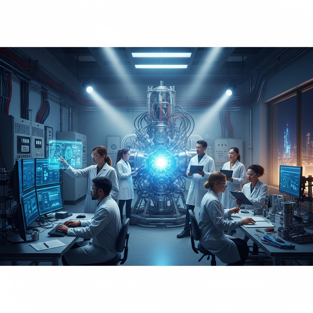 US Energy Chief: 10 Years to Fusion Power Breakthrough 4 A modern laboratory with scientists collaborating around a complex piece of machinery related to fusion research.