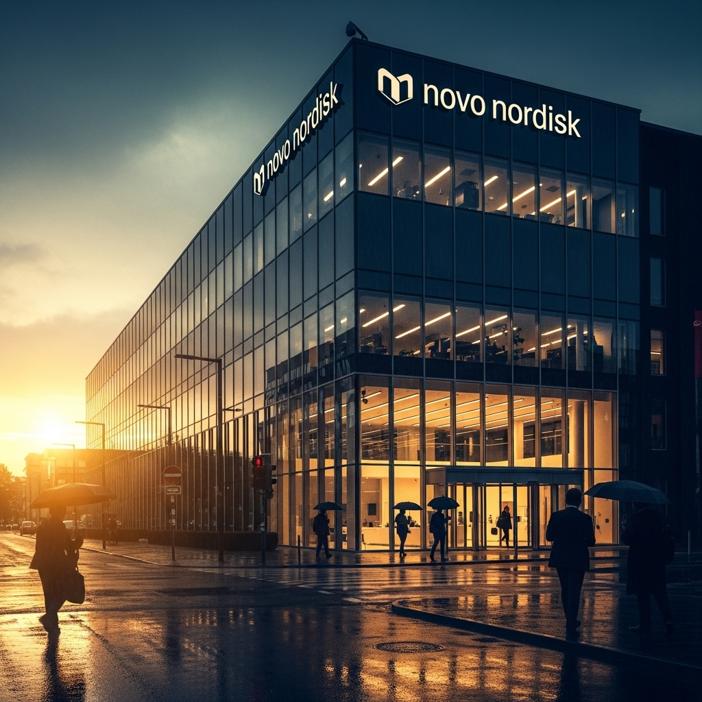 Novo Nordisk: Employees Must Return to Office Jan. 1 2 A modern office building with the Novo Nordisk logo, representing the company's return-to-office mandate.