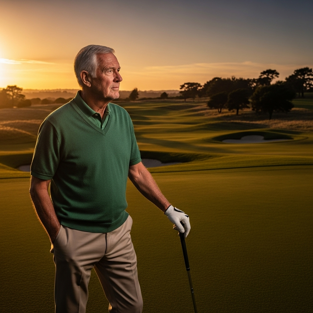 Golf Legend Slams 2 Sides Amid Disgusting Rhetoric 3 A modern photo of the aging golf legend Sir Alistair Finch looking thoughtfully over a golf course.