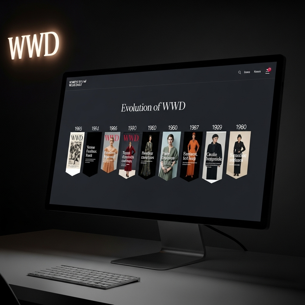 WWD Timeline: 115 Years of Fashion History & Reporting 4 A modern WWD digital homepage on a screen, showing the evolution along the wwd timeline.