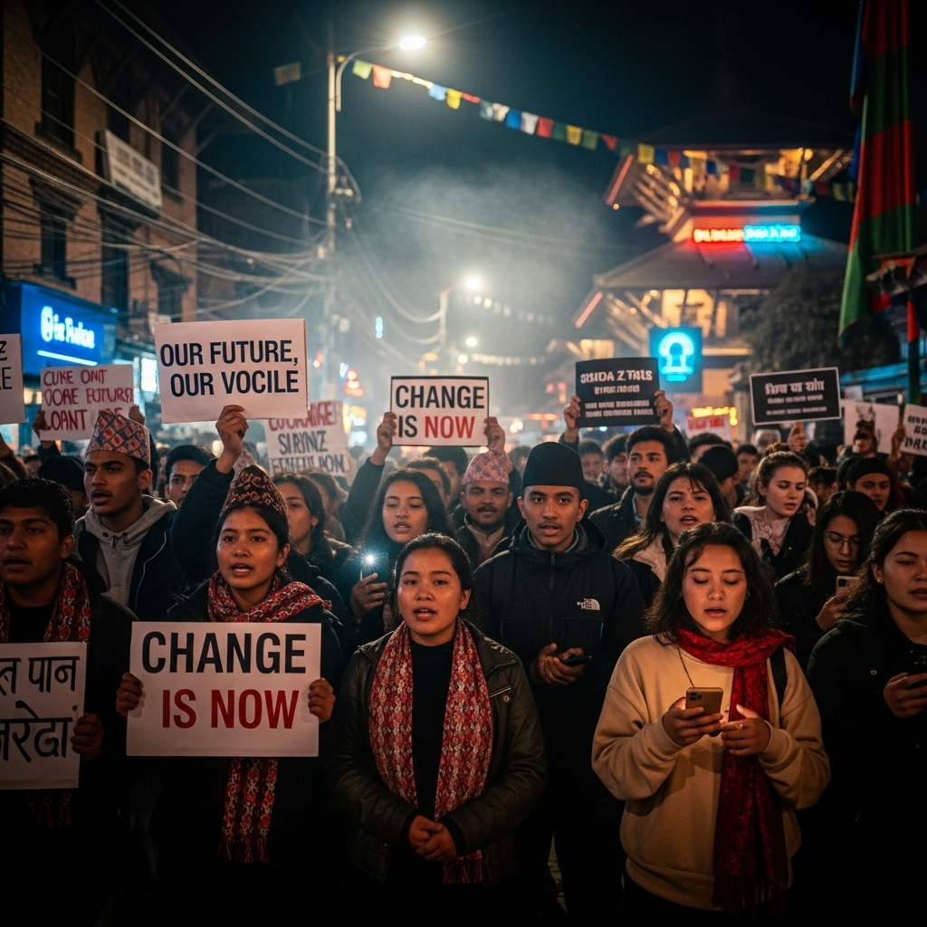 Gen Z Protesters: 3 Top Leaders' Homes Torched in Nepal 2 A nighttime street scene in Kathmandu with a crowd of young gen z protesters holding signs.