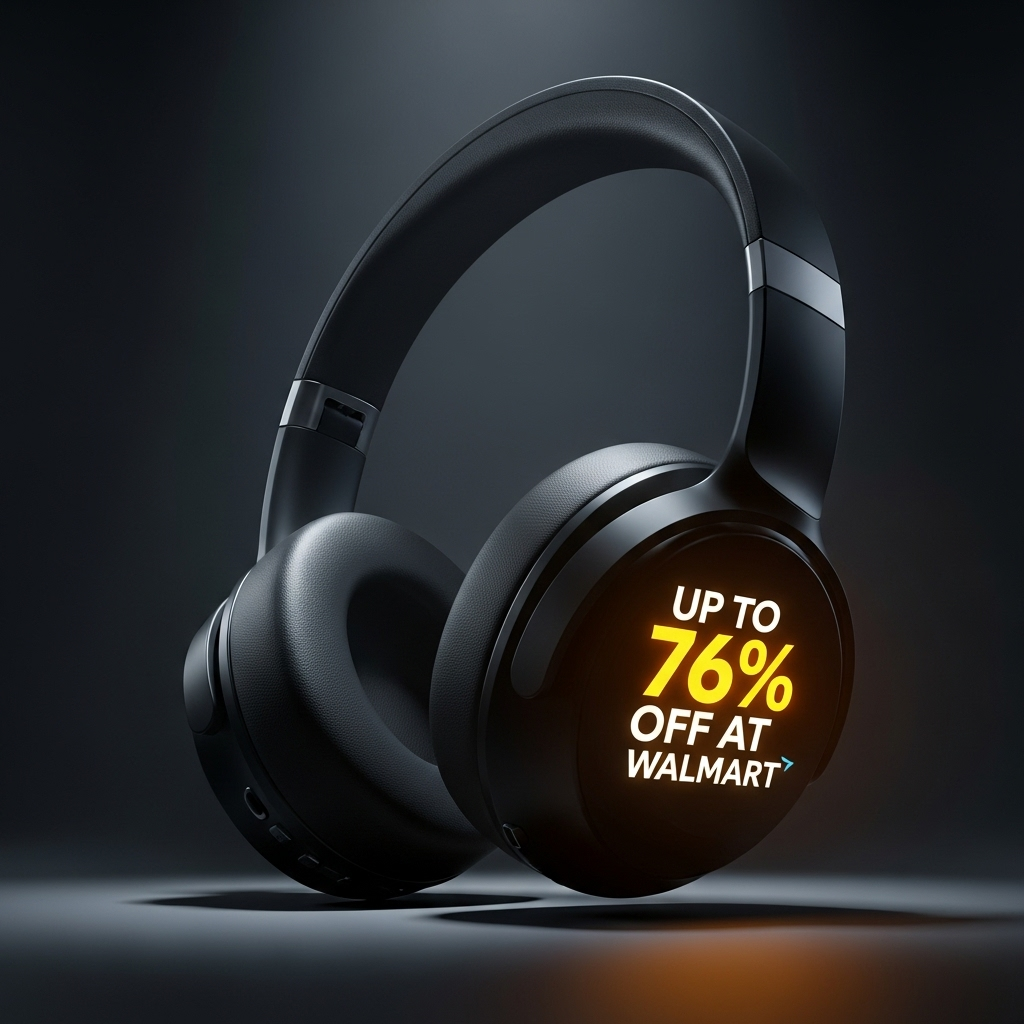 up to 76% Off Top Walmart Deals on Tech & Luggage Sets 2 A pair of stylish on-ear headphones with text overlay showing up to 76% off at Walmart.