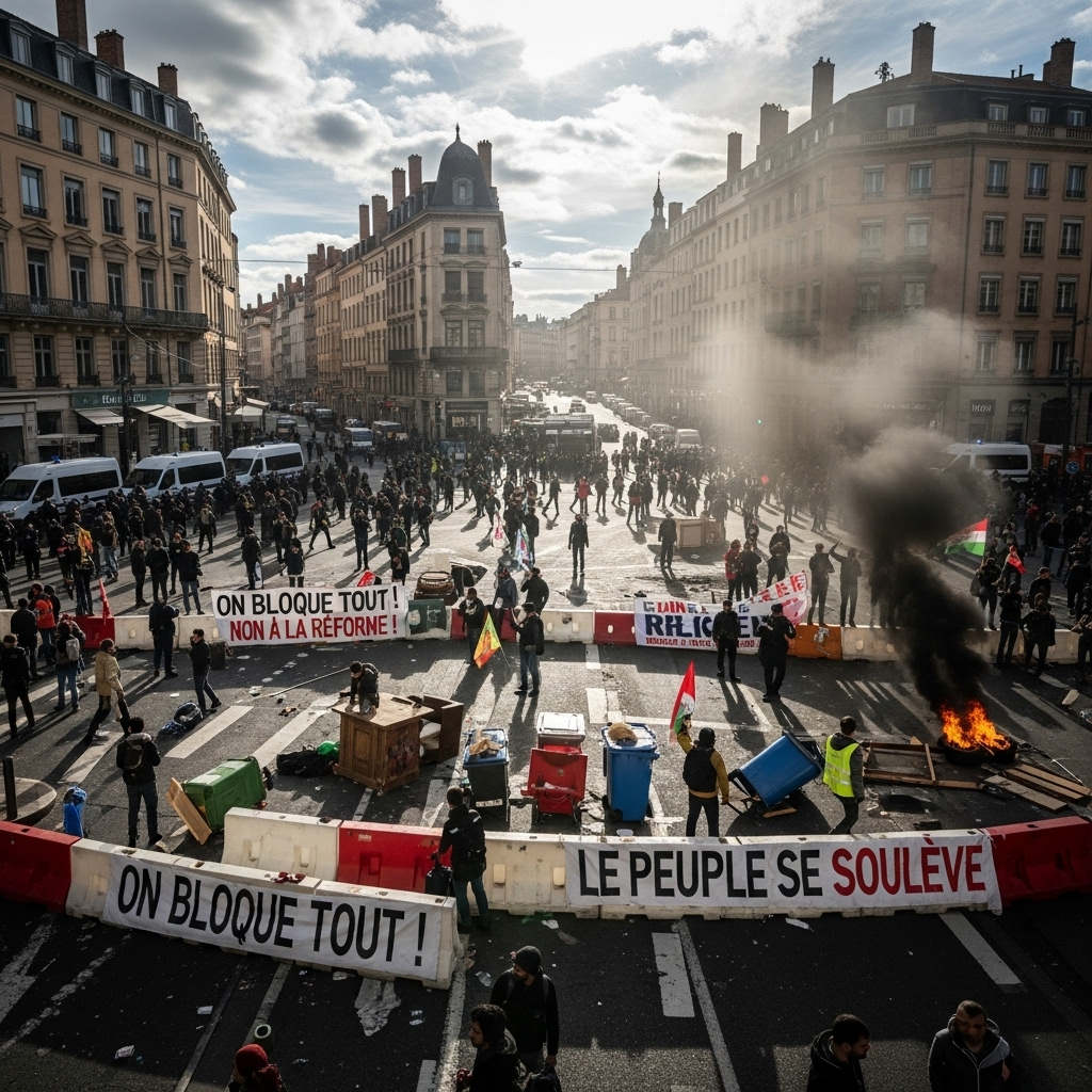 'Block Everything' Protests: 100s Arrested Across France 4 A panoramic view of a blocked city intersection in Lyon during the 'block everything' protests.