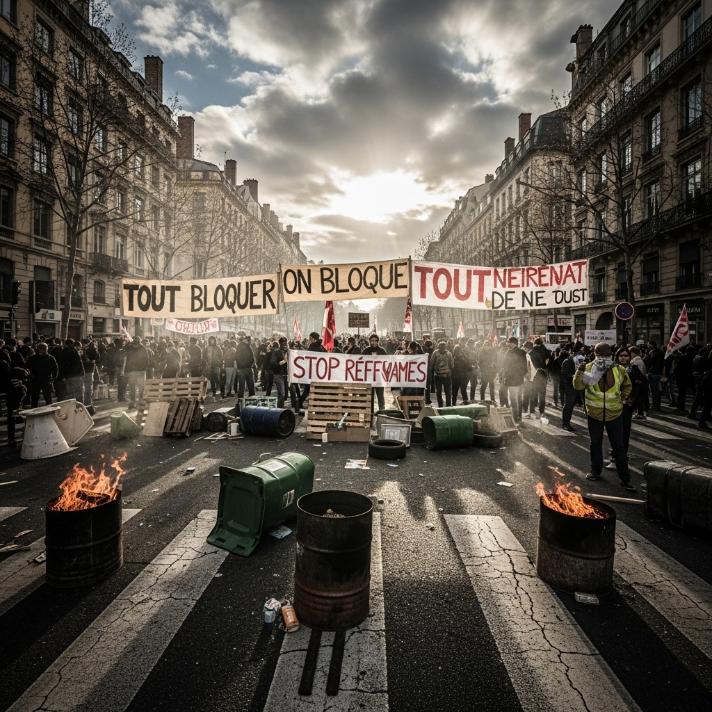'Block everything' protests: Hundreds arrested in France 4 A panoramic view of a blocked intersection in Lyon during the 'block everything' protests.