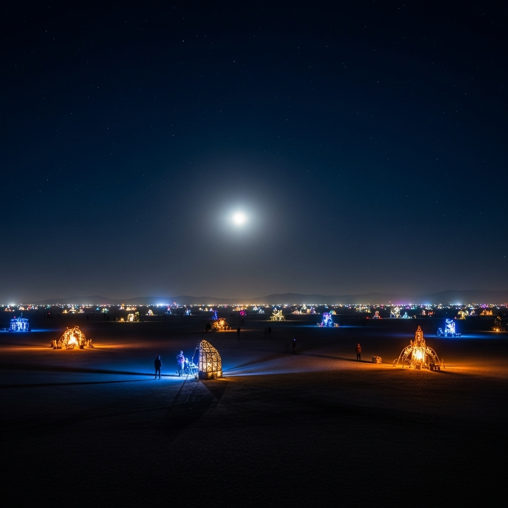 Chilling Encounter: 1 Burning Man Homicide Still Unsolved 2 A panoramic view of the Burning Man playa at night, illustrating the vast space where the chilling encounter occurred.
