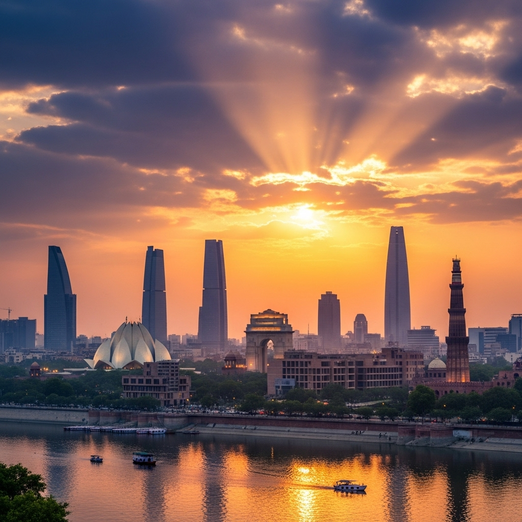 New Delhi: Israel & India Sign 1 Major Investment Deal 4 A panoramic view of the New Delhi skyline at sunset, symbolizing a bright future for the city.