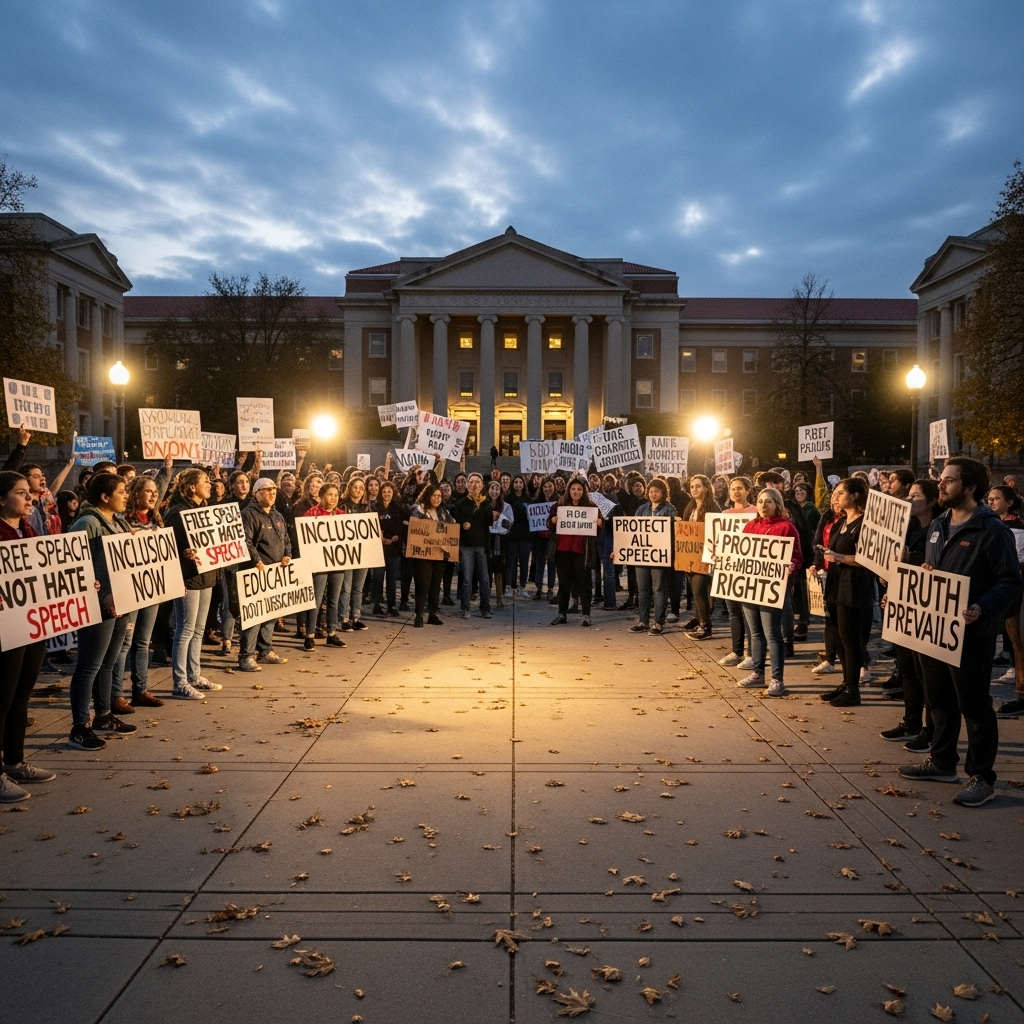Free Speech: 100s of Students Defend Charlie Kirk's Rights 4 A panoramic view of the university plaza showing two distinct groups, illustrating the campus divide on the free speech issue.