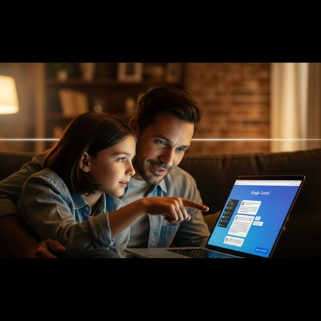 Google Gemini's #1 Risk: New Safety Report for Kids 4 A parent and child sitting together, discussing content on a laptop with the Google Gemini interface visible.