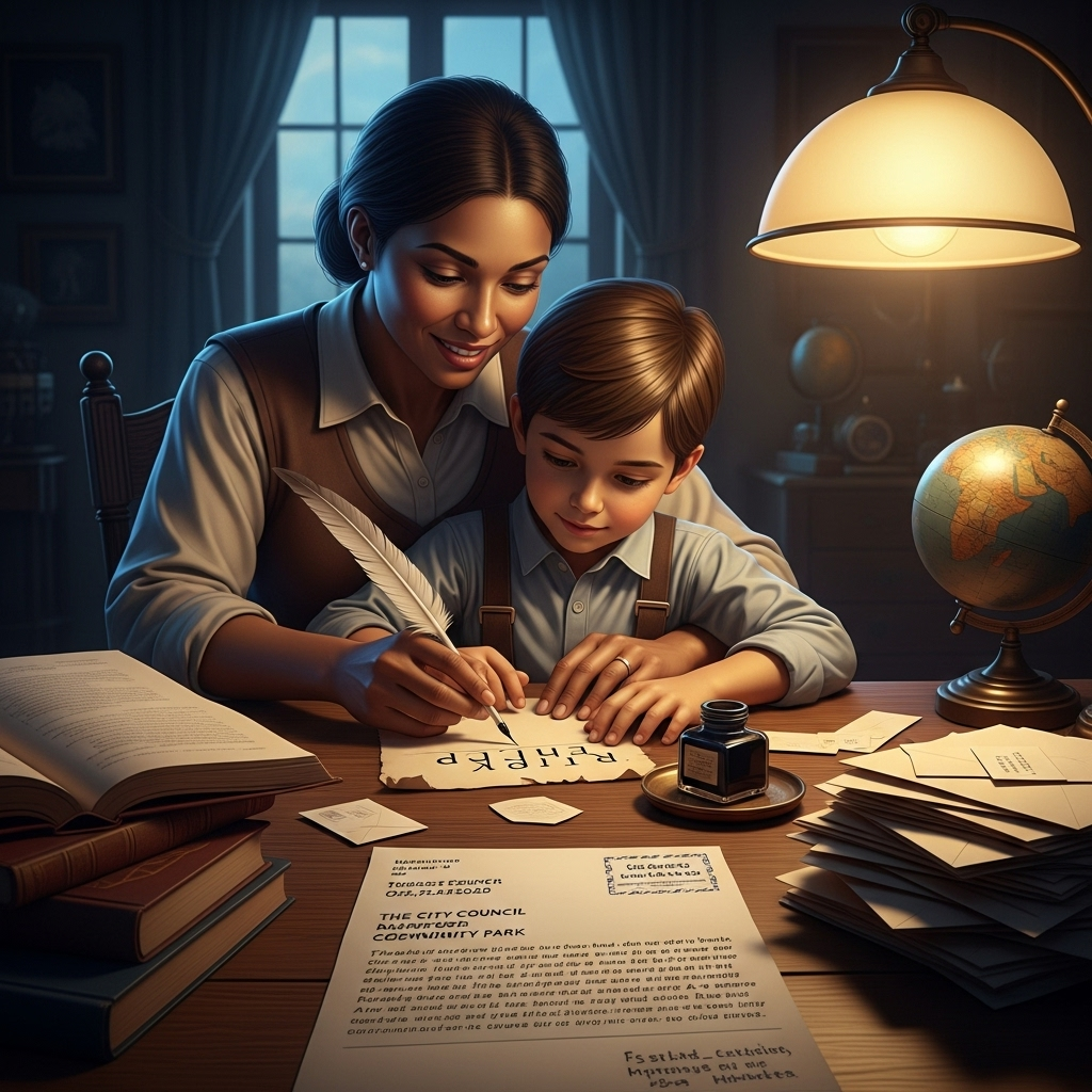 My children: 3 ways Charlie Kirk inspired our family. 4 A parent and child writing a letter together at a desk, an activity to teach my children about active citizenship.