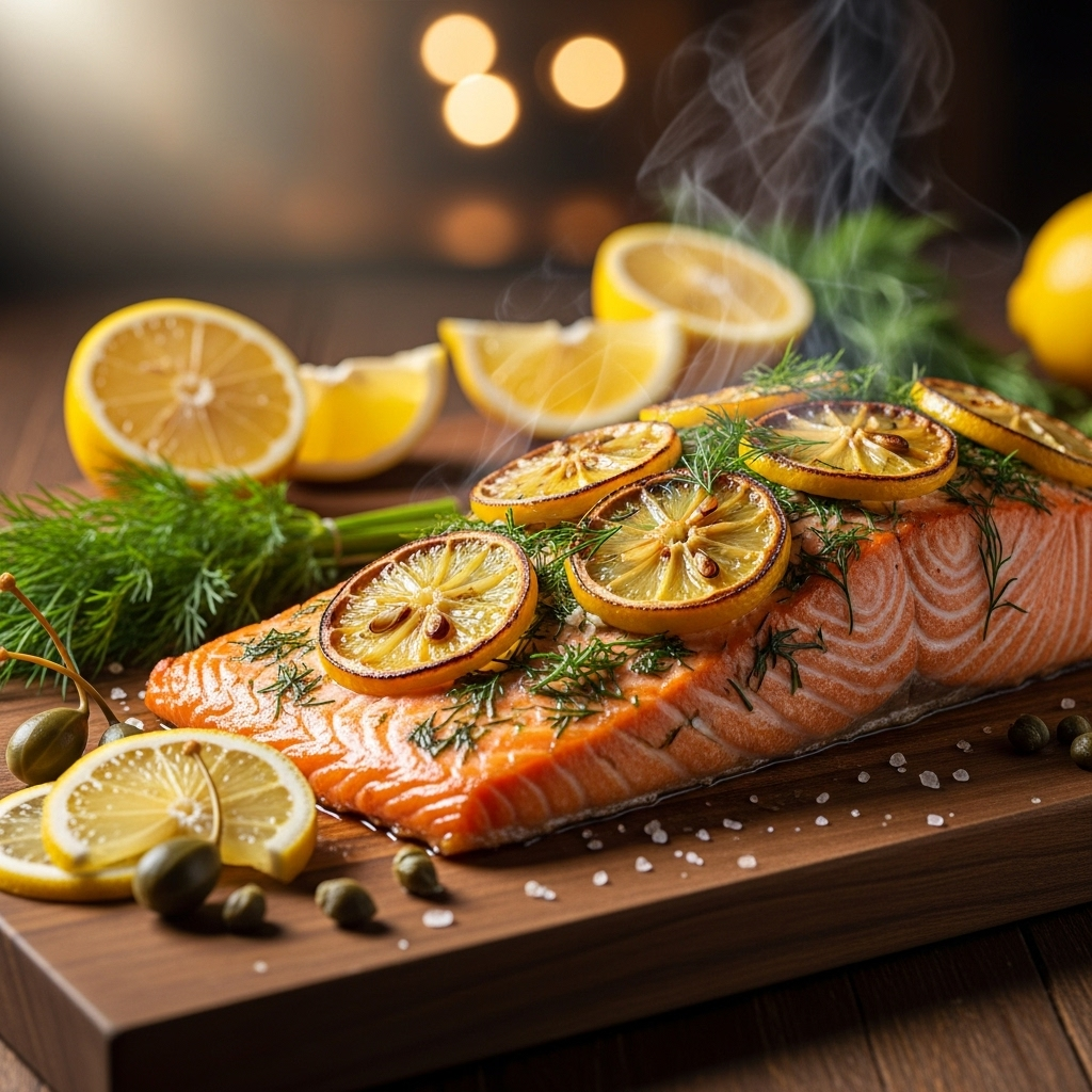 Juicy Secrets: 11 Recipes & Tips for Eating Better Now 3 A perfectly baked salmon with lemon, showing off the juicy secrets to a healthy dinner.