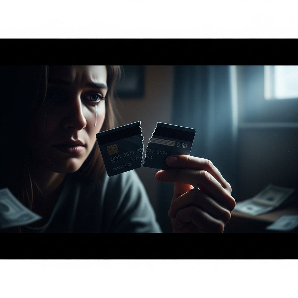 'extreme' conduct': 5 Shocking Claims in NFL Divorce 3 A person looking at a credit card that has been cut in half, symbolizing the financial abuse described as a form of 'extreme' conduct.