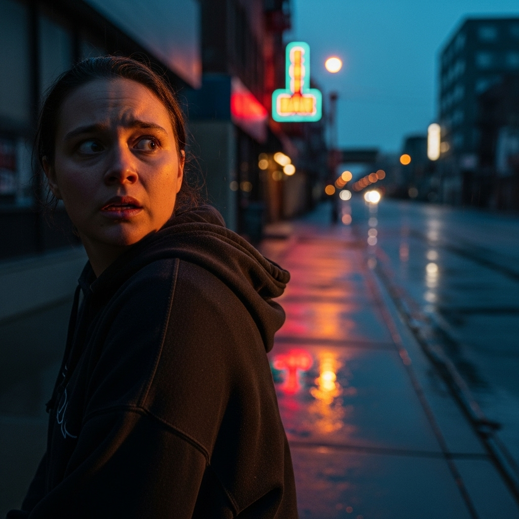 Crime Spikes: 3 Embarrassing Police Tips Amid Robberies 2 A person looking over their shoulder nervously on a city street, illustrating fear during crime spikes.