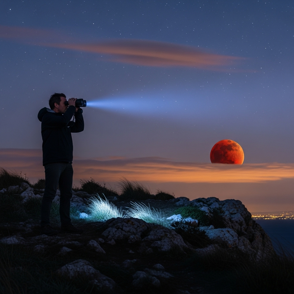 Blood Moon 2024: 5 Facts About This Lunar Eclipse 3 A person looking through binoculars at a distant blood moon in the night sky.
