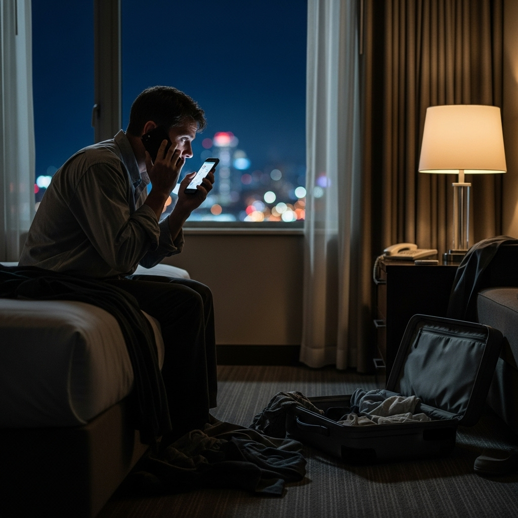 hotel rooms: 1 simple trick to spot hidden cameras 4 A person on the phone reporting an issue in their hotel rooms to the authorities.