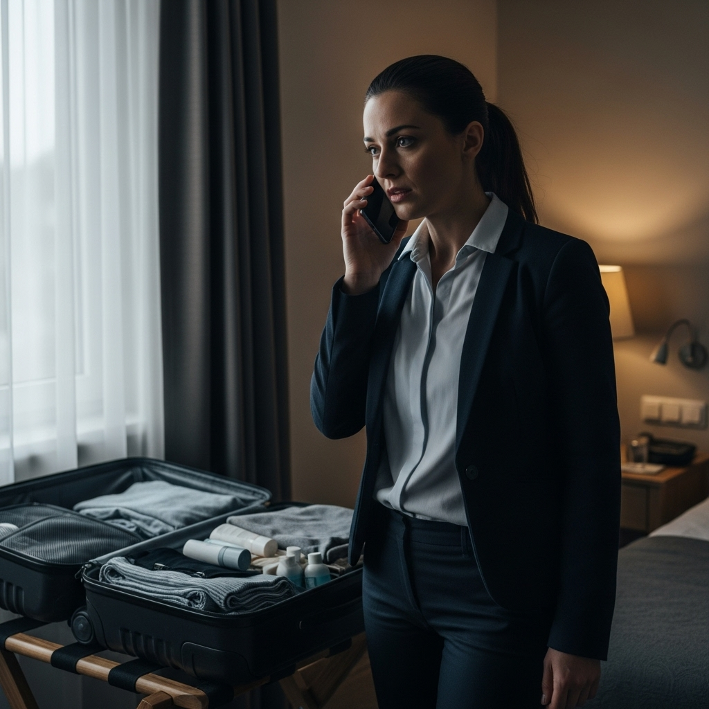 Tech expert: 1 simple trick to spot hidden hotel cameras 4 A person on their phone reporting a security issue as a tech expert would advise, with a packed suitcase in the background.