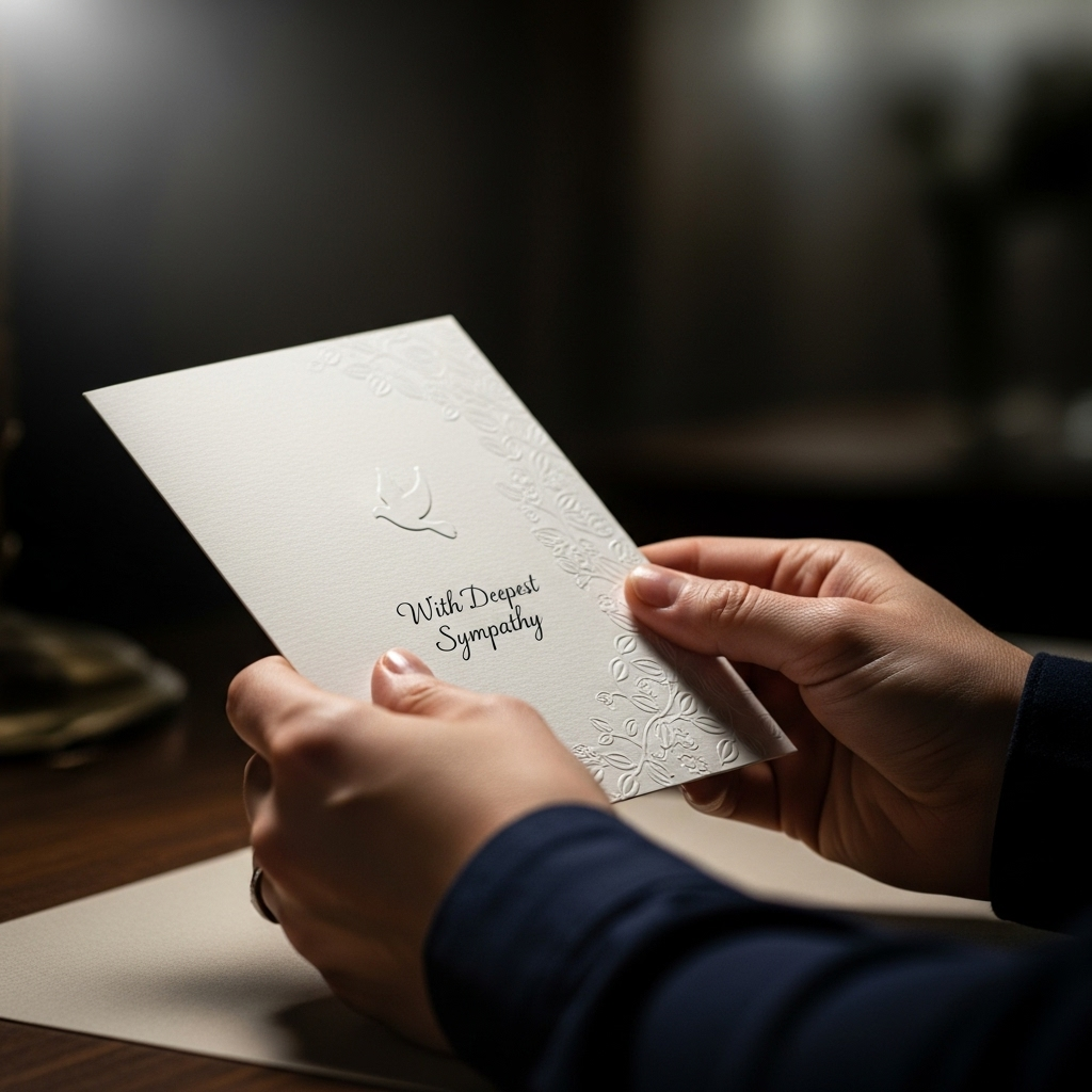 Wife's Killer Jailed: 1 Survivor's Plea for Privacy 4 A person's hands gently hold a sympathy card, representing respectful support for the family mourning the victim whose wife's killer was jailed.