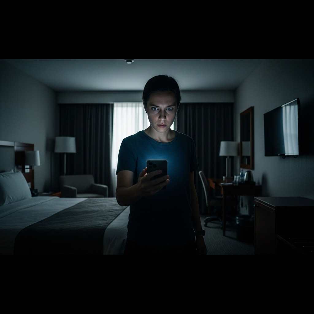 hotel rooms: 1 simple trick to spot hidden cameras 2 A person scanning their hotel rooms with a smartphone to find cameras.