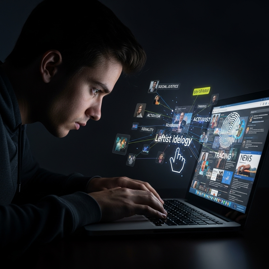 ‘leftist ideology' Linked to 1 Suspect in Kirk's Murder 3 A person typing on a laptop in a dark room, illustrating how online activity is being used to trace the suspect's ‘leftist ideology'.