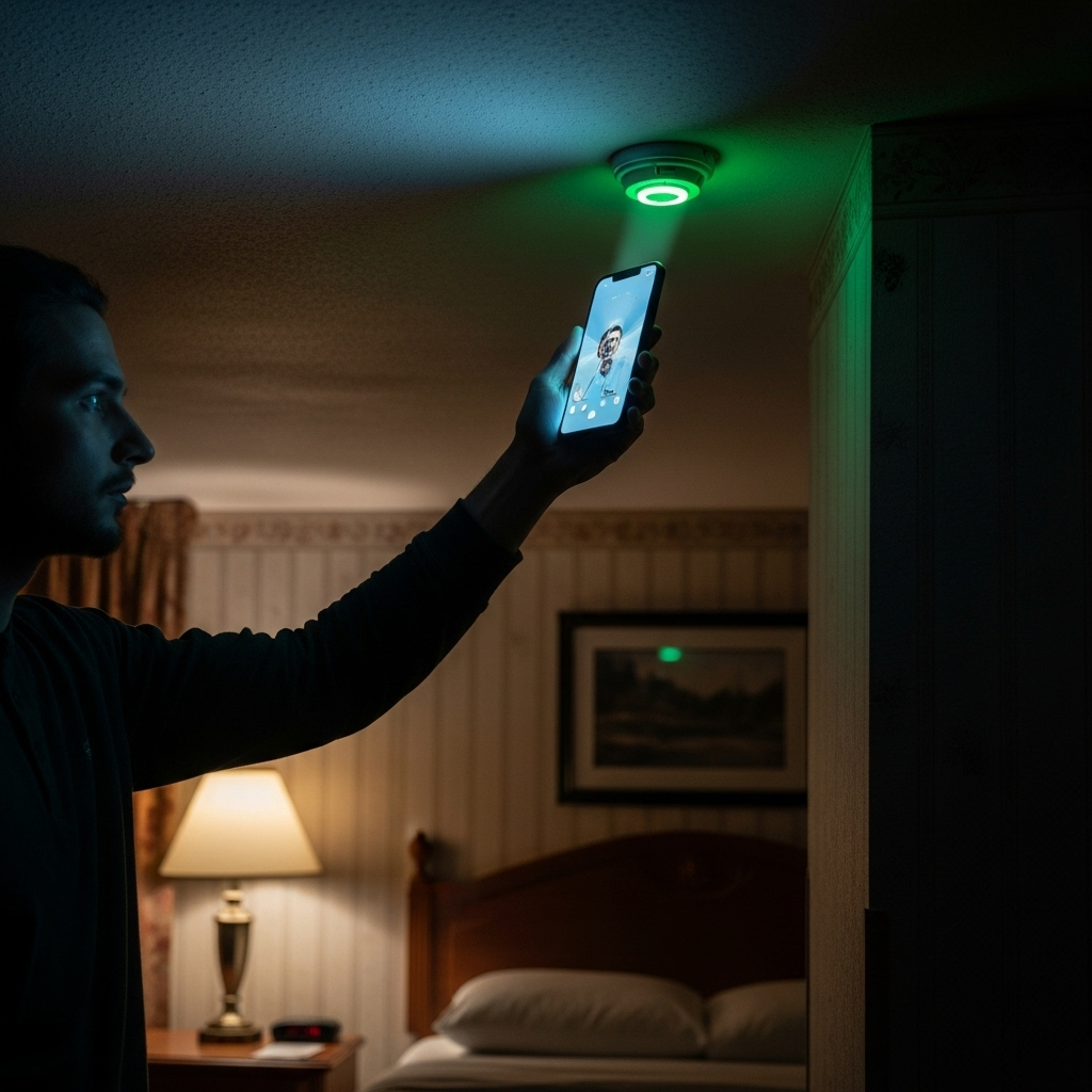 Simple Trick: Find 99% of Hidden Cameras With This Method 3 A person using the simple trick by scanning a hotel room's smoke detector with their phone.