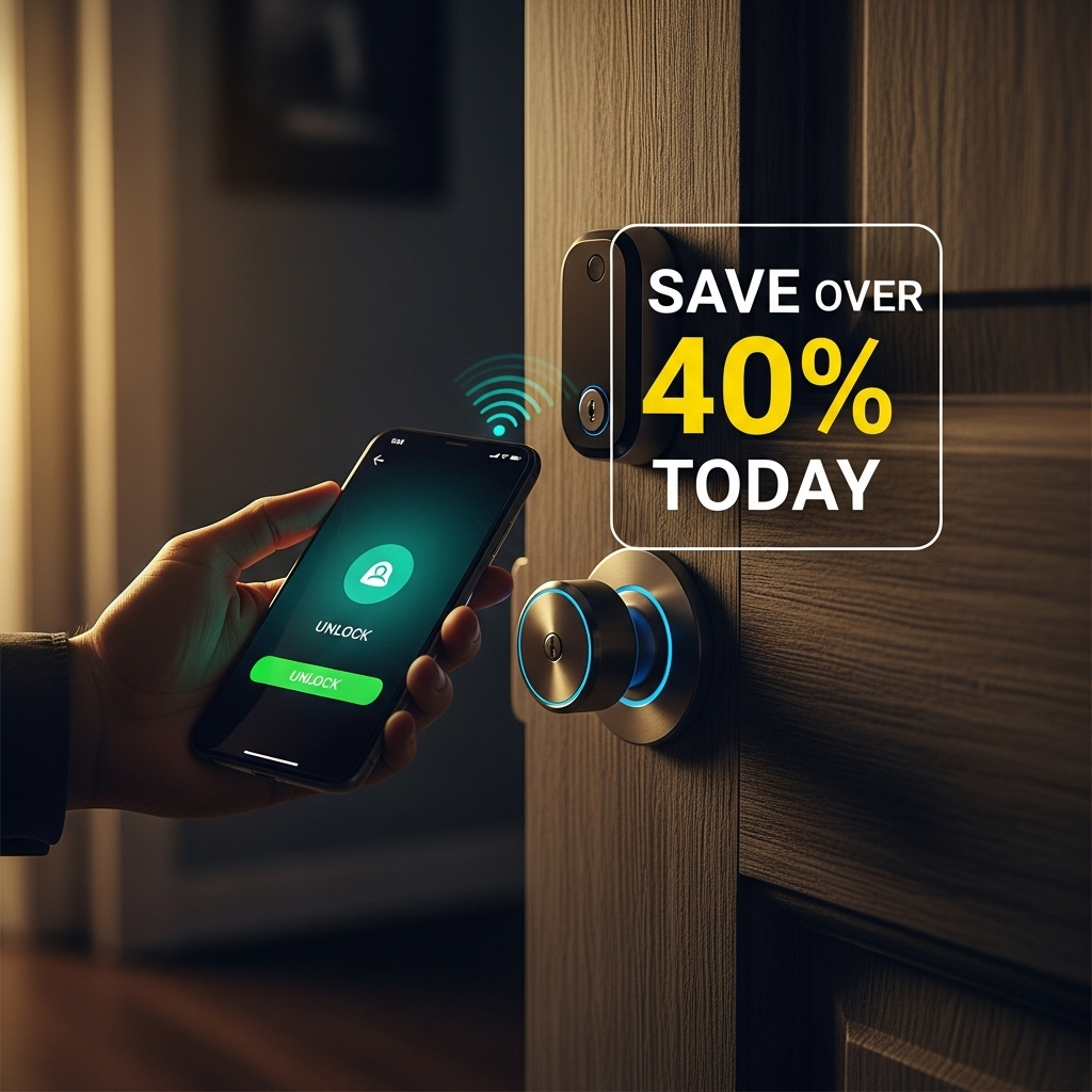 over 40% Off Laptops, Smart Locks & Tech Deals at Amazon 3 A person using their smartphone to unlock a stylish smart lock, with text overlay indicating a discount of over 40%.
