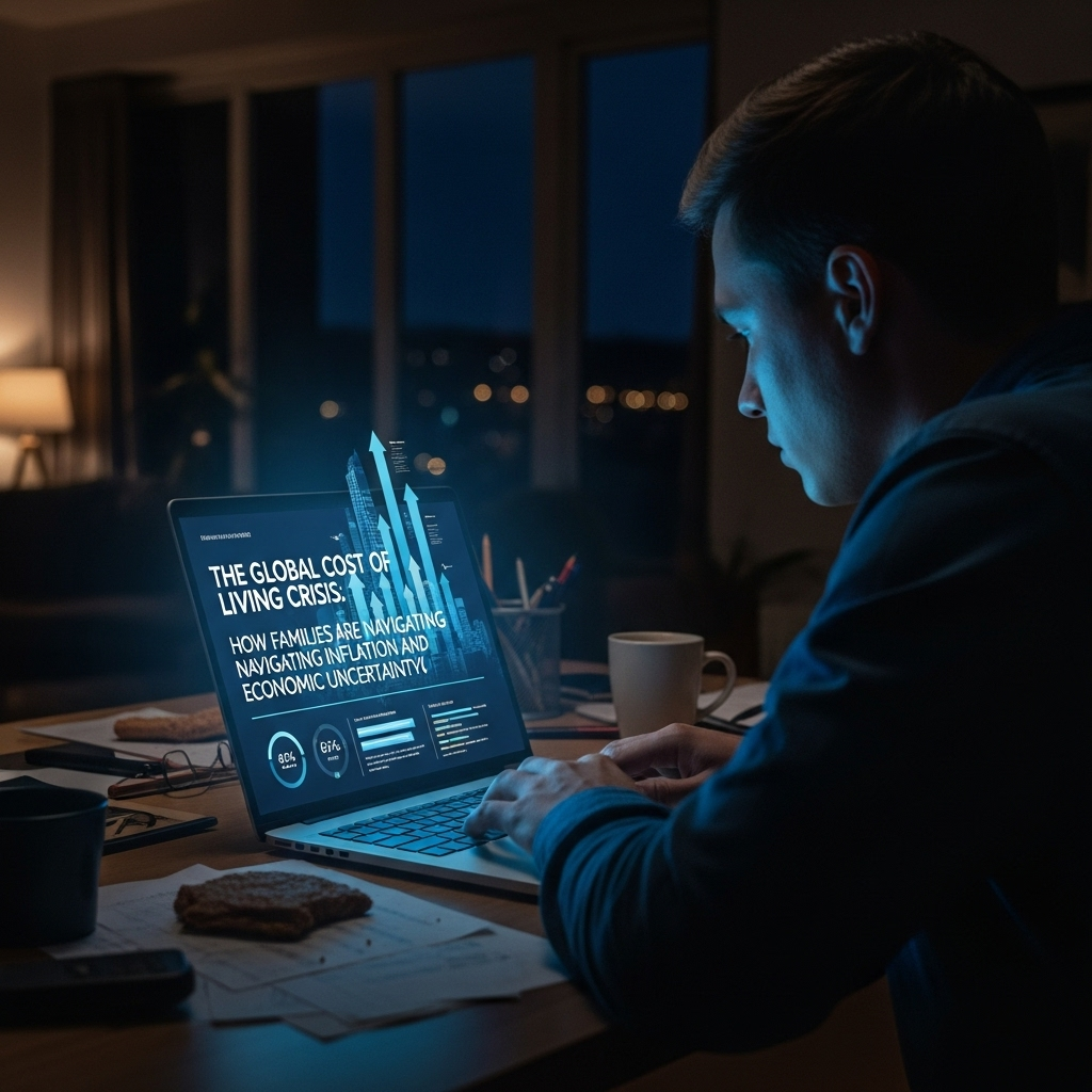 The Global Cost of Living Crisis: 7 Ways Families Cope 3 A person working on a laptop at night, symbolizing a side hustle to deal with The Global Cost of Living Crisis: How Families are Navigating Inflation and Economic Uncertainty.