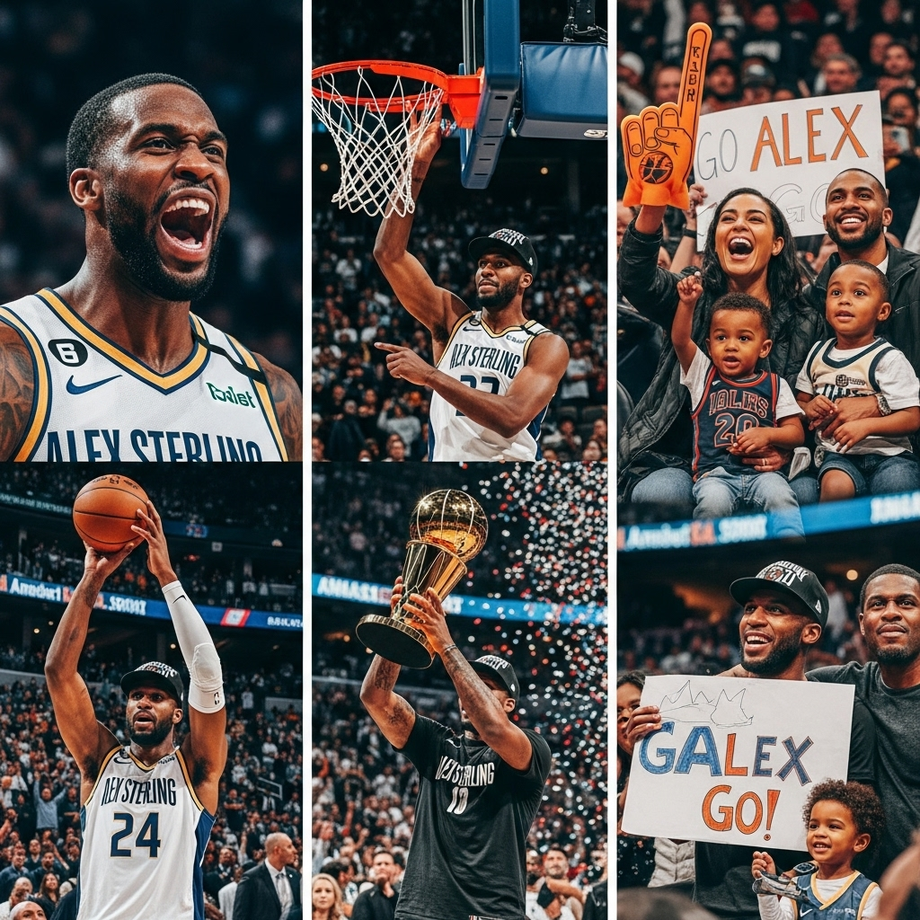 Loved Ones of 1st Gay NBA Star Ask for Medical Support 2 A photo collage of Alex Sterling's NBA career highlights and his smiling loved ones in the stands.
