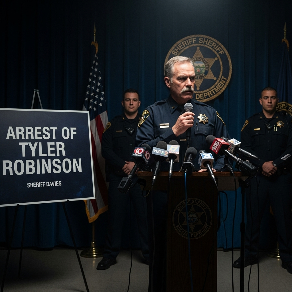 Tyler Robinson, 22, Named in Charlie Kirk Murder Case 4 A photo from the police press conference where Sheriff Davies announced the arrest of tyler robinson.