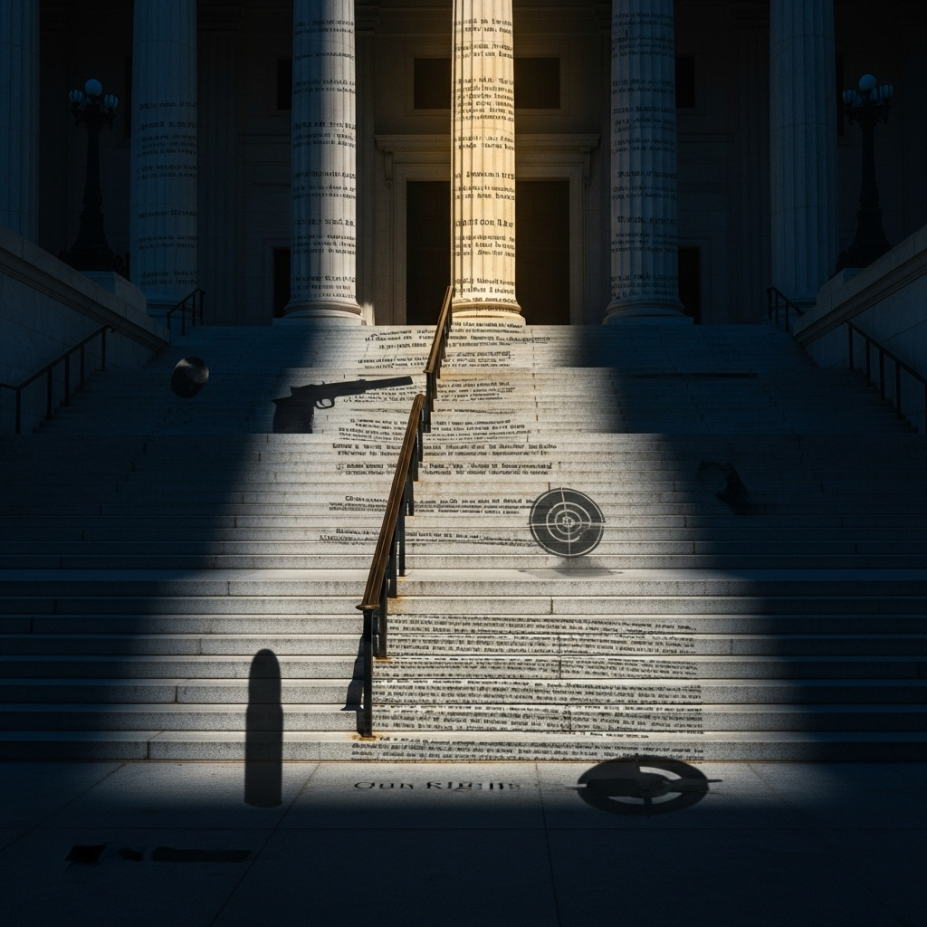 Trump’s gun rights record: 5 key policies in focus now 2 A photo montage of federal courthouse steps, reflecting trump’s gun rights record on judicial appointments.