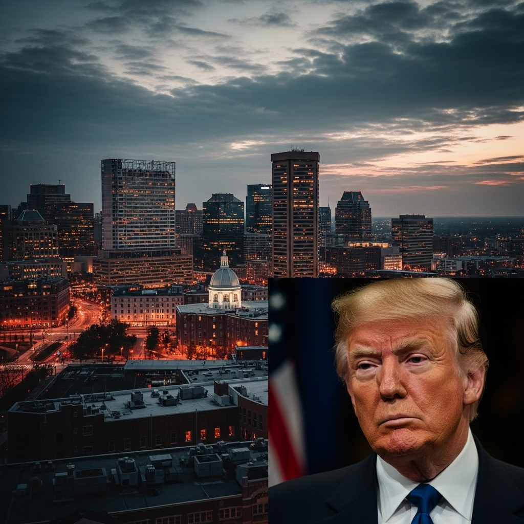trump mulls sending troops to Baltimore; 5 residents speak 2 A photo montage showing the Baltimore skyline juxtaposed with a picture of Donald Trump, illustrating the concept that trump mulls federal action.