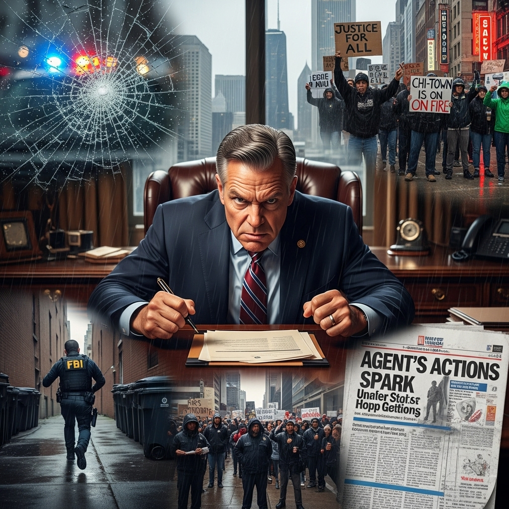 Governor Fumes: 1 Agent Brings Crackdown to Chicago 2 A photo montage showing the chaos as the governor fumes over the agent's actions in Chicago.