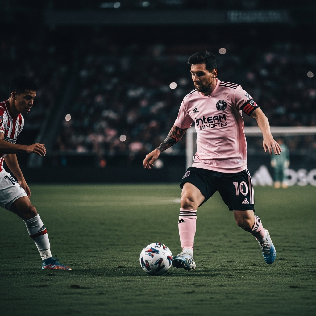 Lionel Messi: 2022 World Cup Last Dance & USMNT Win? 3 A photo of Lionel Messi in his pink Inter Miami jersey dribbling the ball in an MLS match.