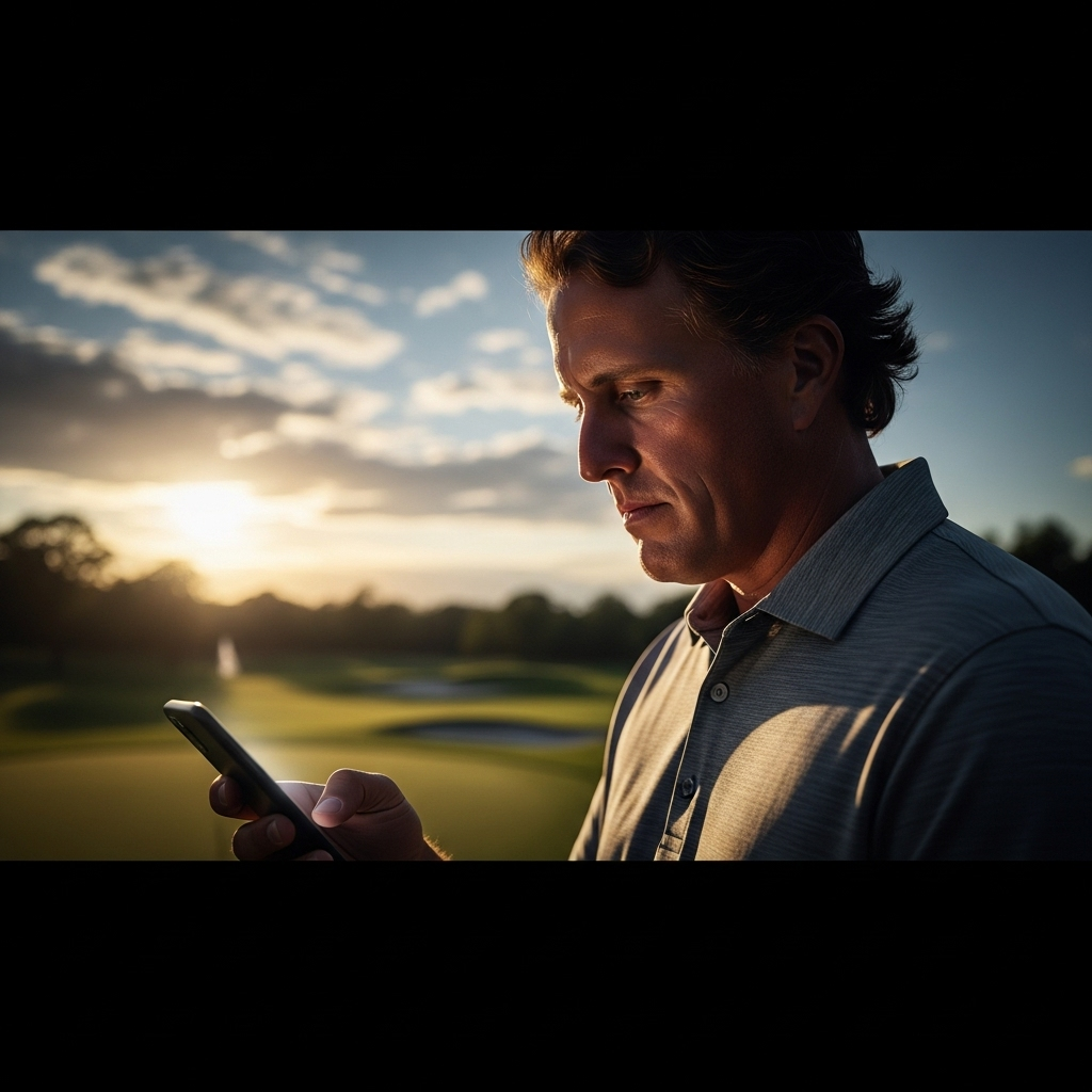 Phil Mickelson: His 1 Tweet on Kirk Has 1000s Talking 2 A photo of Phil Mickelson looking at his phone with a thoughtful expression.